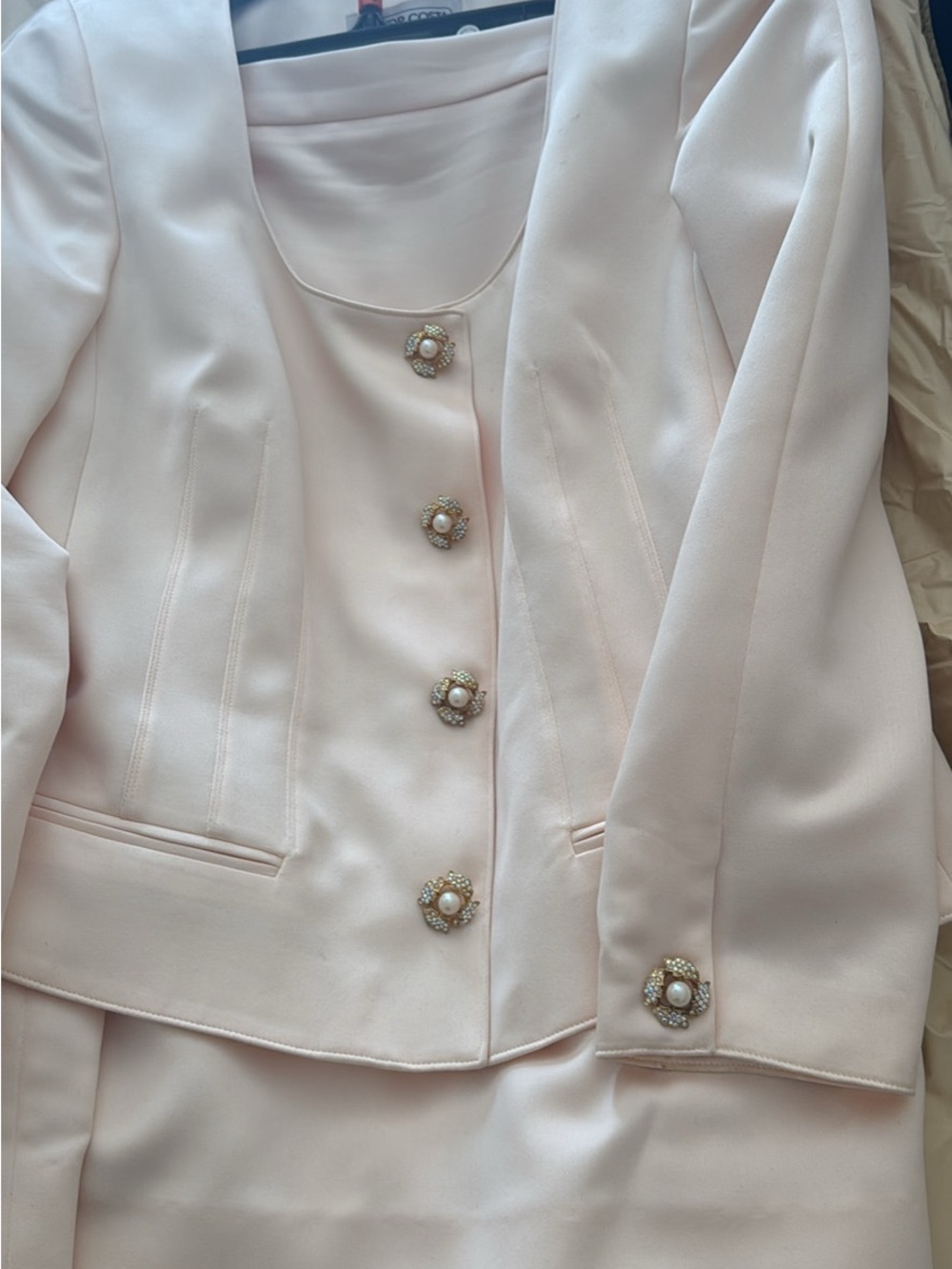 Victor Costa Pale Pink Blazer with Pearl Flower Buttons and Matching Skirt